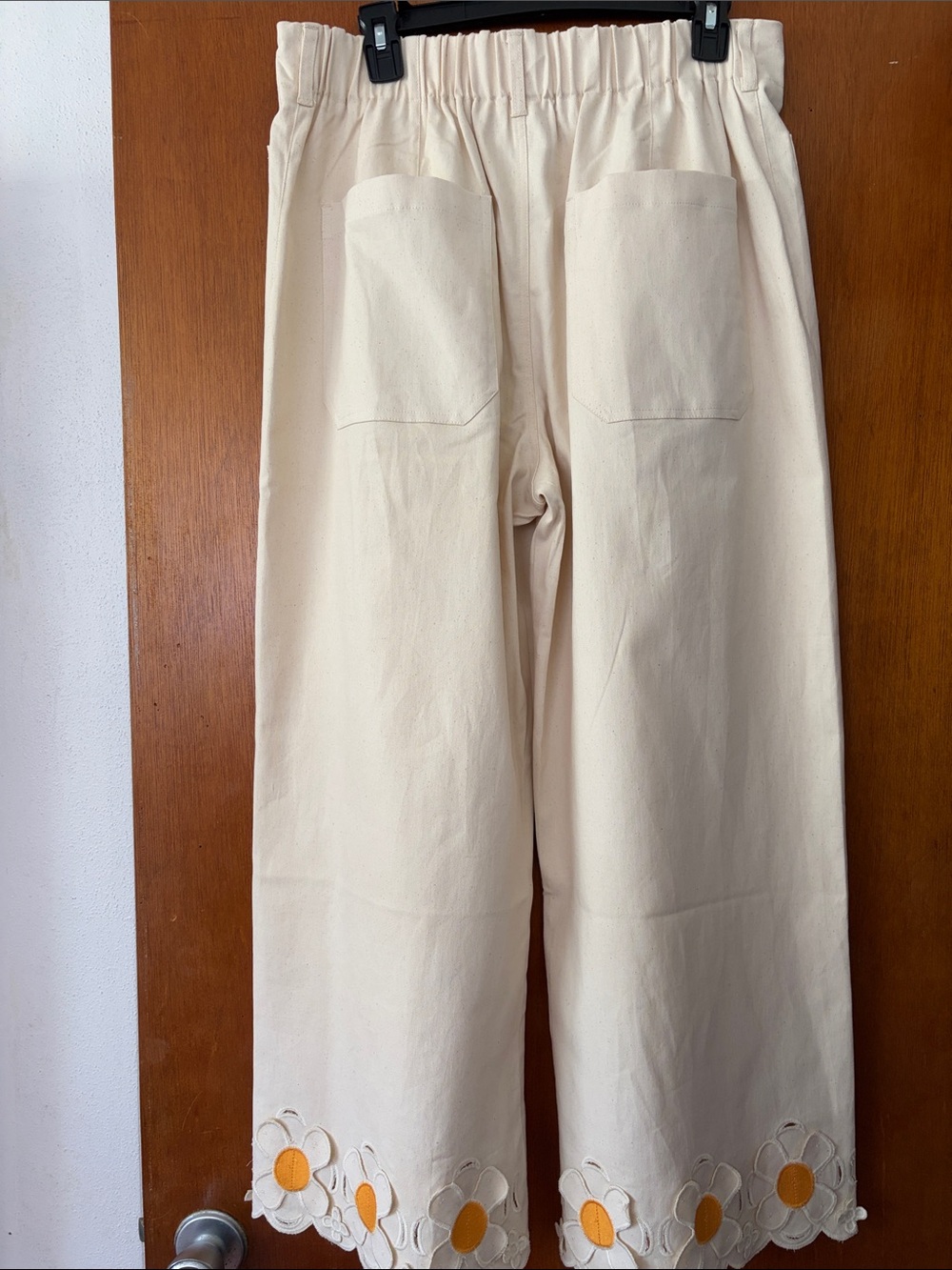 Wide Leg Flower Embroidered Hem Pants - Ivory - Picture 5 of 7